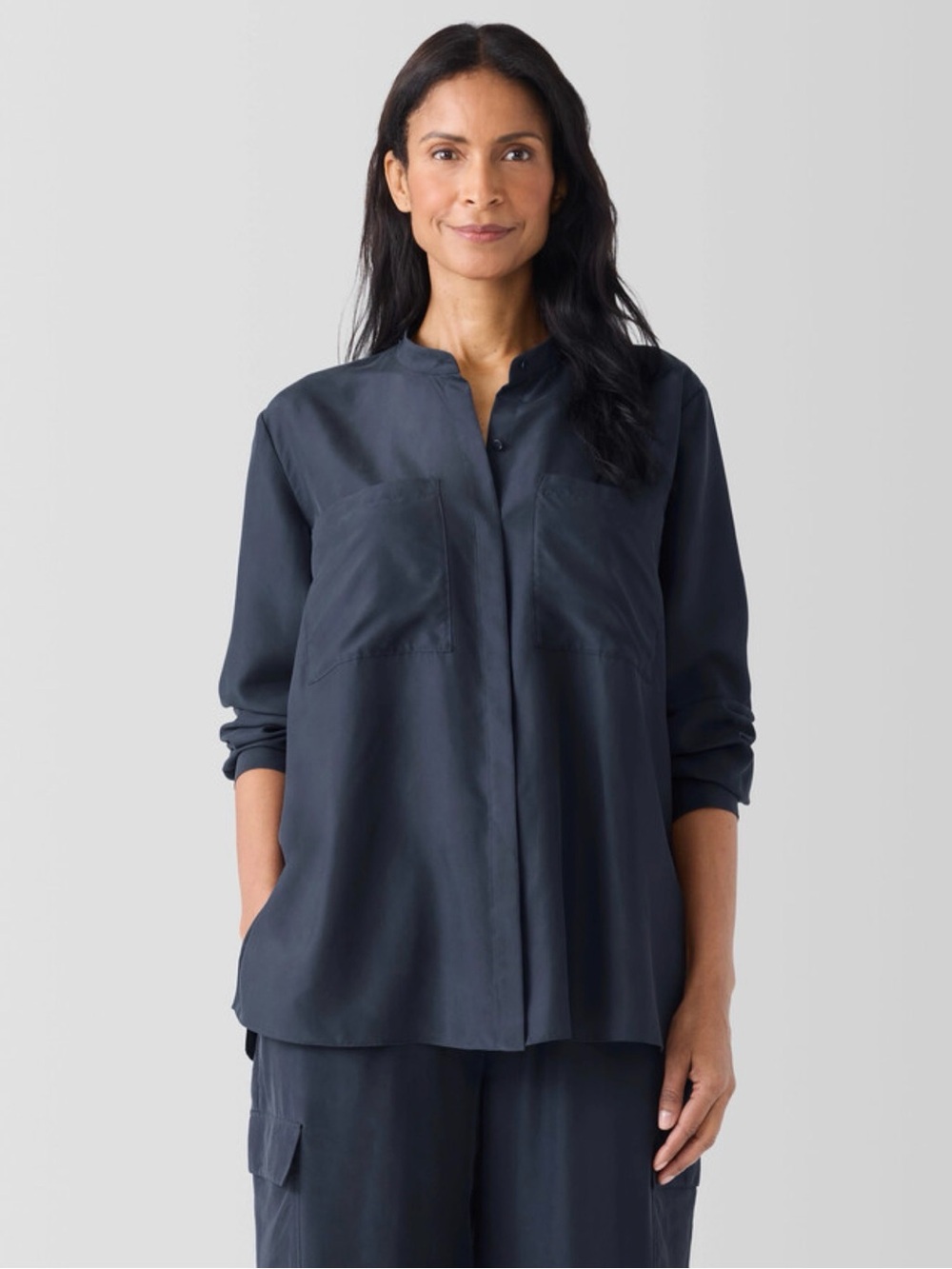 Eileen Fisher Washed Silk Band Collar Button-Front Shirt in Ocean Blue Navy NWT